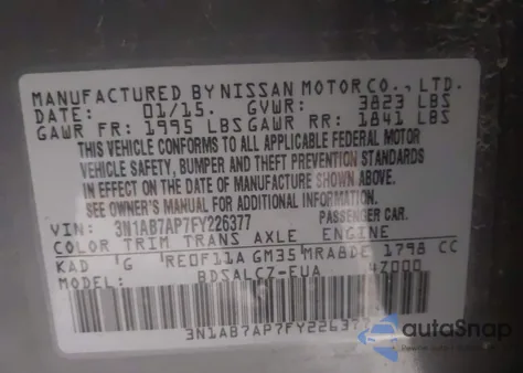 2015 Nissan Sentra S from USA, damaged, VIN 3N1AB7AP7FY226377